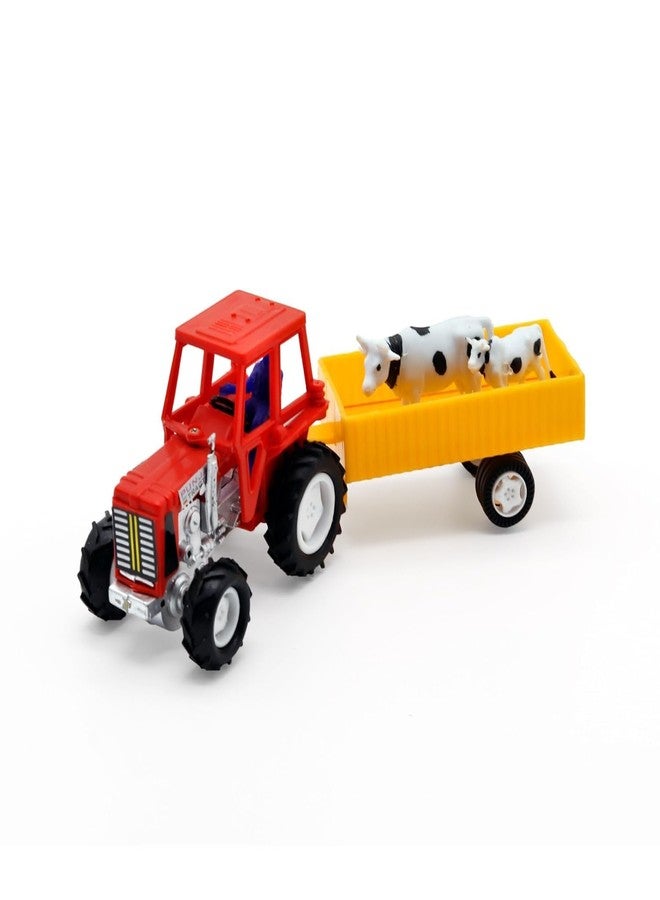 Toy Vibes جرار زراعي مع مقطورة وشخصيات بقرة، باللونين الأحمر والأصفر، مجموعة ألعاب للأطفال - Image 1